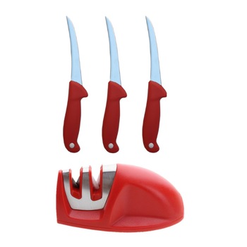 Set macelarie Butcher Red-MB3 format din 3 cutite profesionale pentru dezosat si ascutitor manual 2 nivele de intensitate Set macelarie Butcher Red-MB3 format din 3 cutite profesionale pentru dezosat si ascutitor manual 2 nivele de intensitate