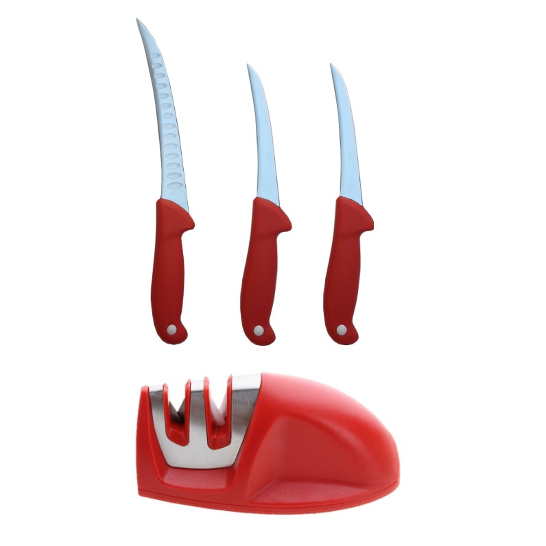 Set macelarie Butcher S3-Red format din Cutit filetat, 2 cutite dezosat si ascutitor maual 2 nivele de intensitate