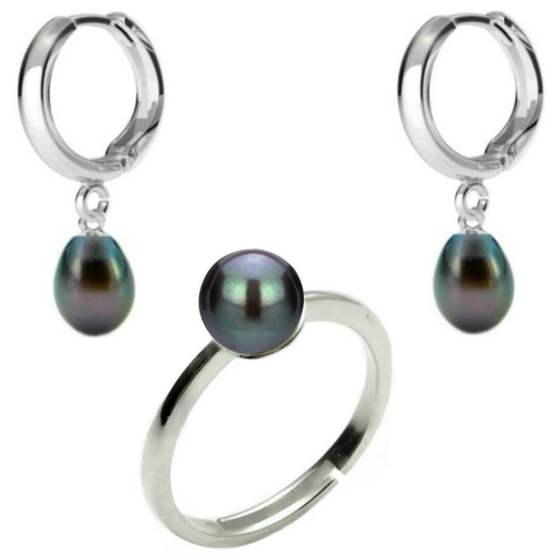 Set Argint, Inel Reglabil si Cercei Tip Creole cu Perle Naturale Negre