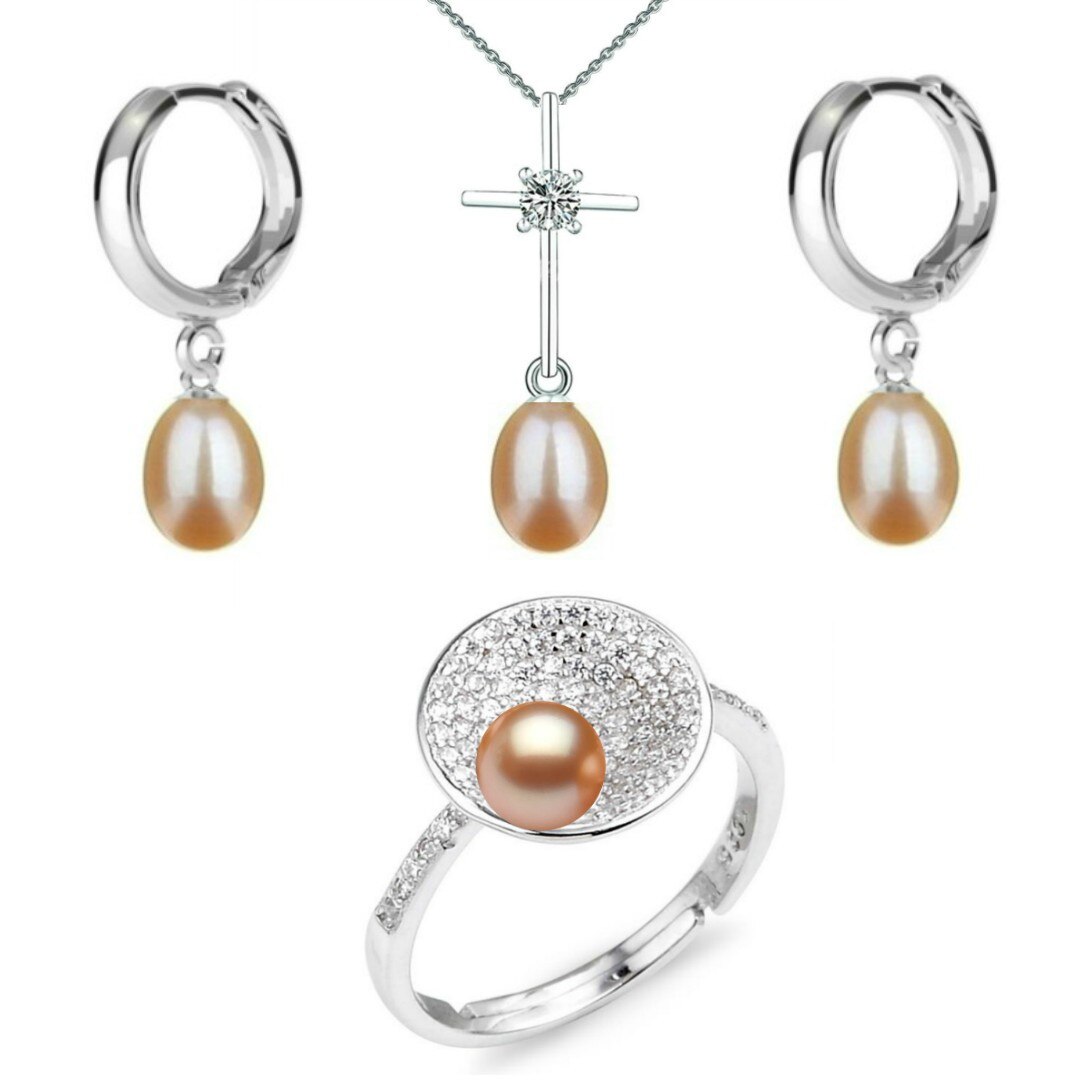 Set Argint, Inel Reglabil Unique, Crucifix si Creole cu Perle Naturale Crem