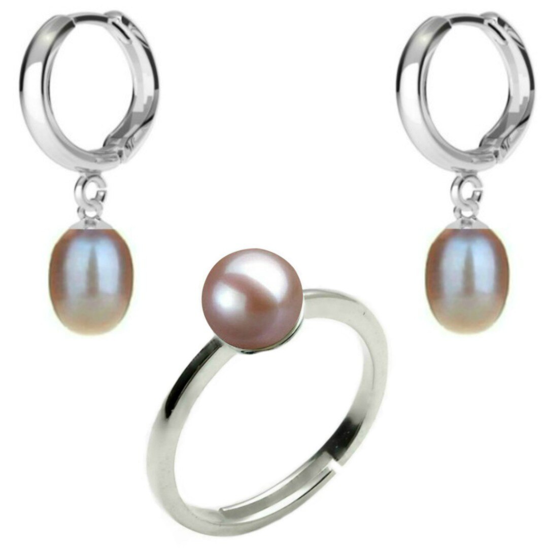 Set Argint, Inel Reglabil si Cercei Tip Creole cu Perle Naturale Lavanda