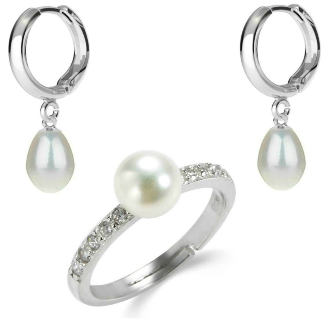 Set Argint, Inel Reglabil cu Zirconii si Cercei Tip Creole cu Perle Naturale Albe