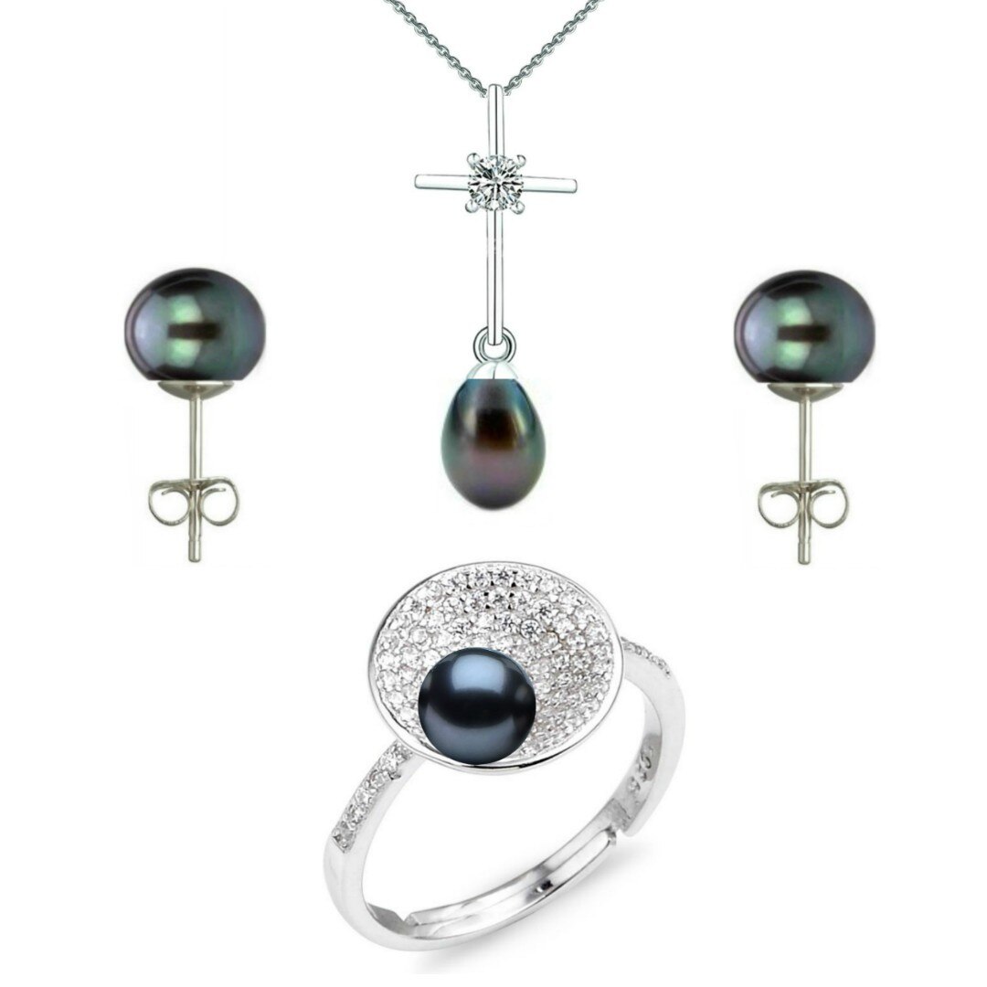 Set Argint, Inel Reglabil Unique, Crucifix Mic si Cercei cu Perle Naturale Negre