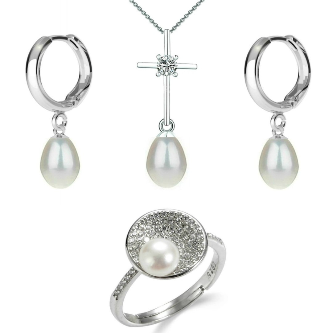 Set Argint, Inel Reglabil Unique, Crucifix si Creole cu Perle Naturale Albe