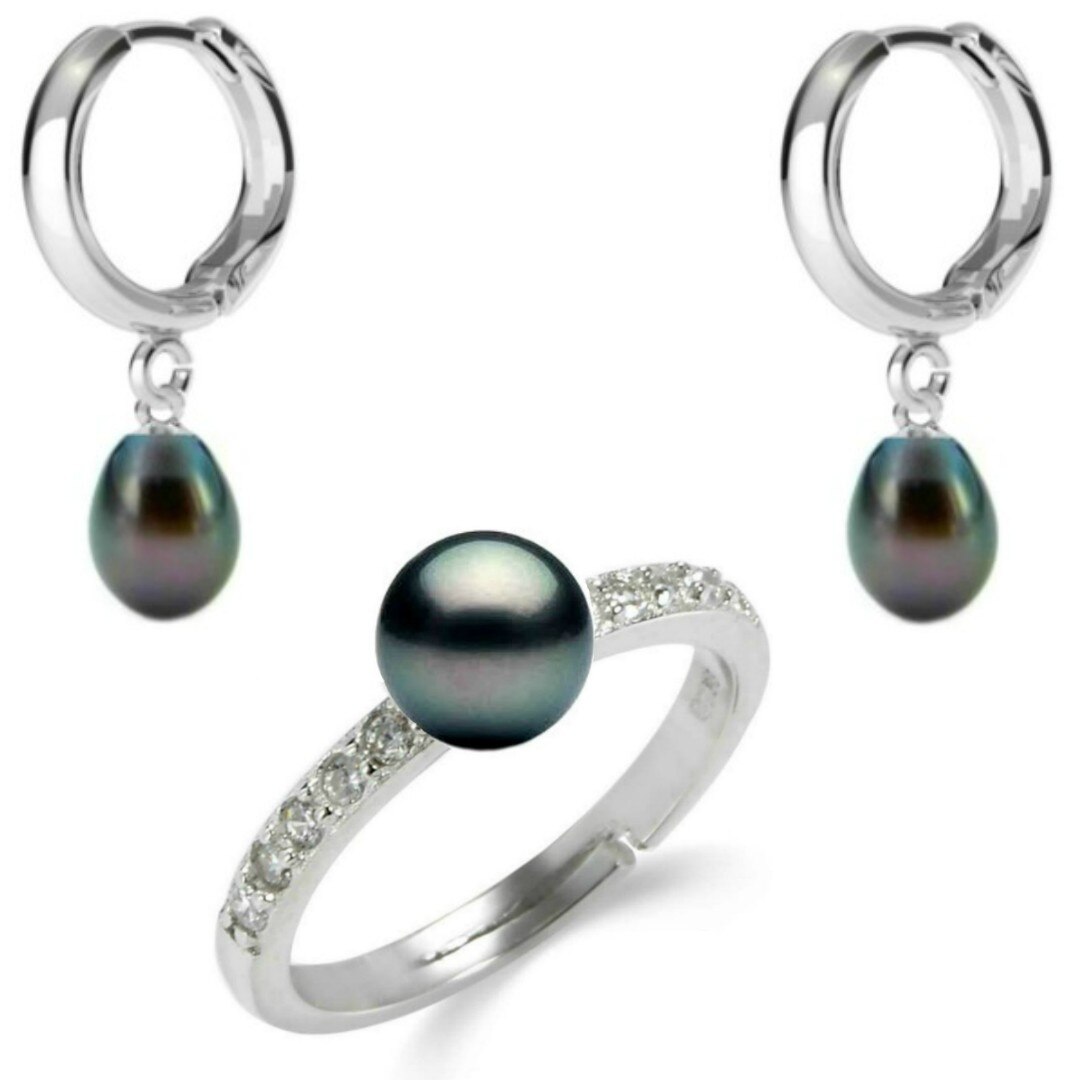 Set Argint, Inel Reglabil cu Zirconii si Cercei Tip Creole cu Perle Naturale Negre