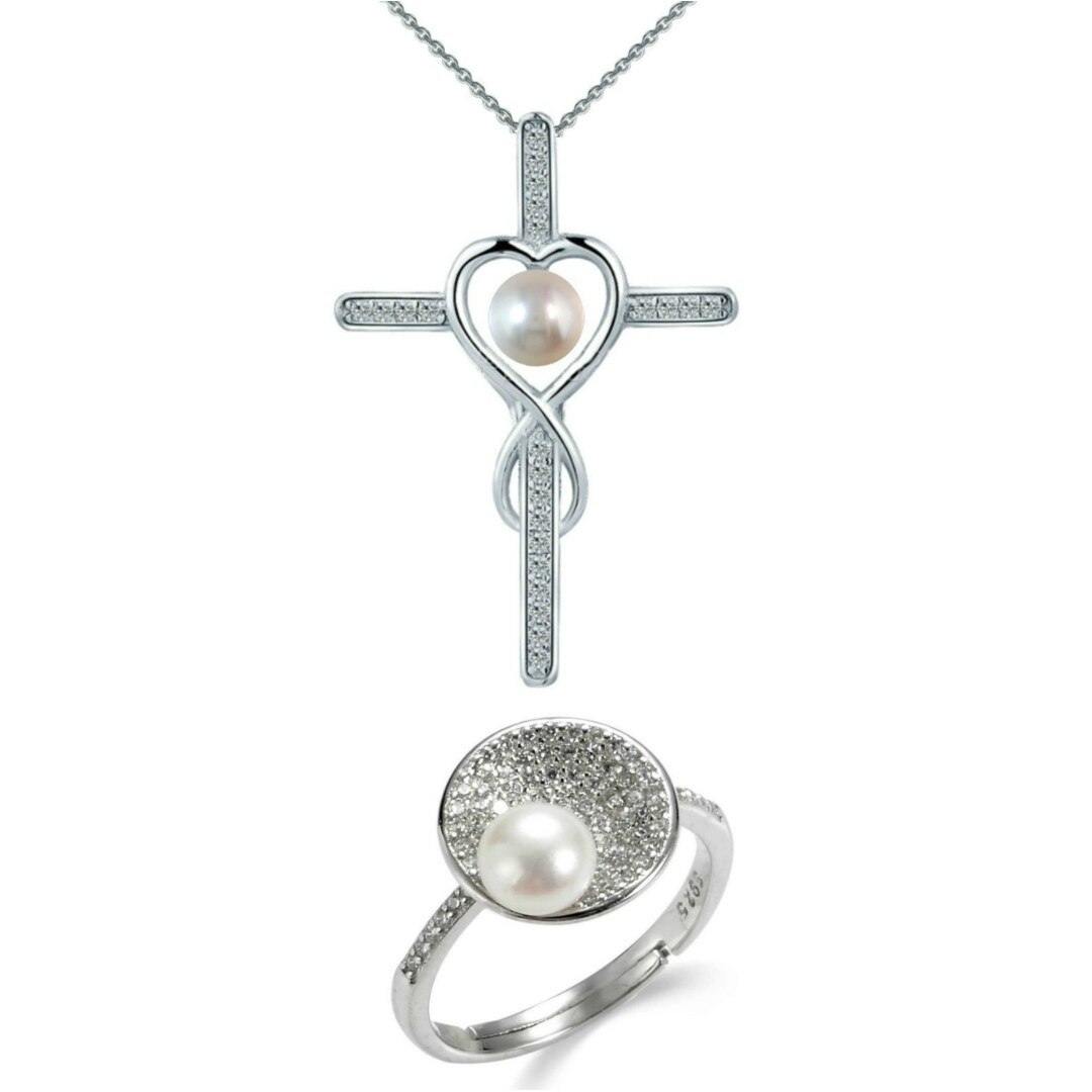 Set Argint, Inel Reglabil Unique si Crucifix cu Zirconii cu Perle Naturale Albe
