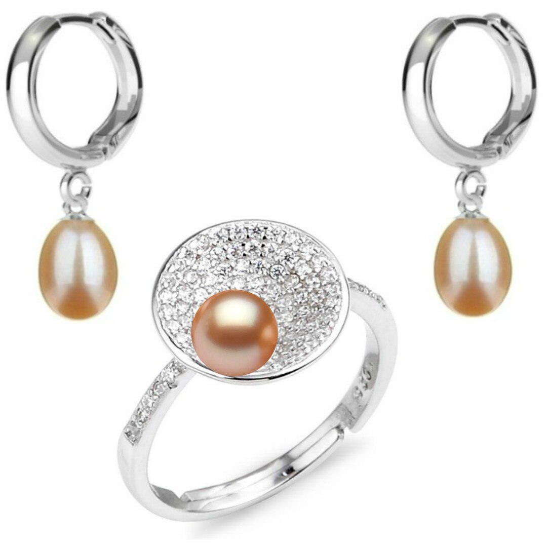 Set Argint, Inel Reglabil Unique cu Zirconii si Cercei Tip Creole cu Perle Naturale Crem