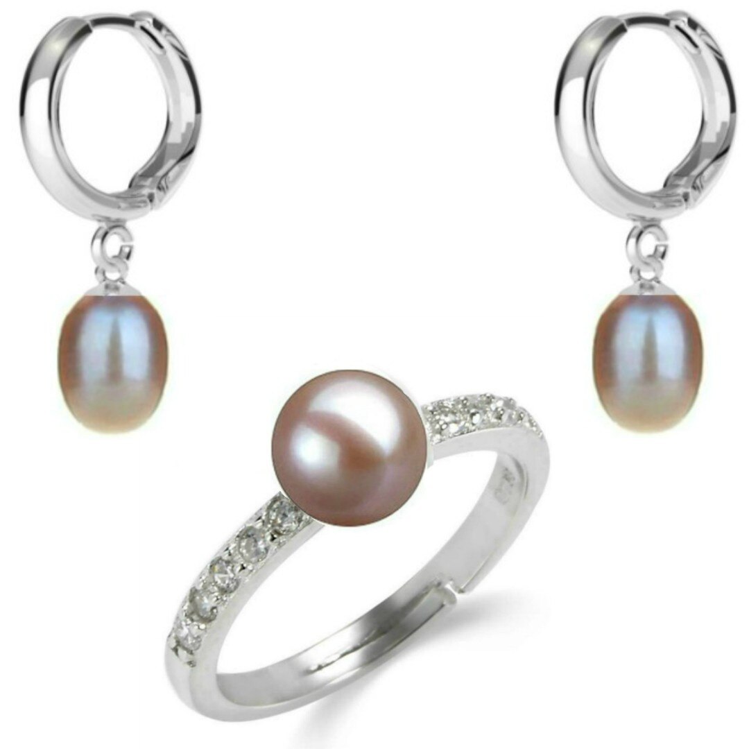 Set Argint, Inel Reglabil cu Zirconii si Cercei Tip Creole cu Perle Naturale Lavanda