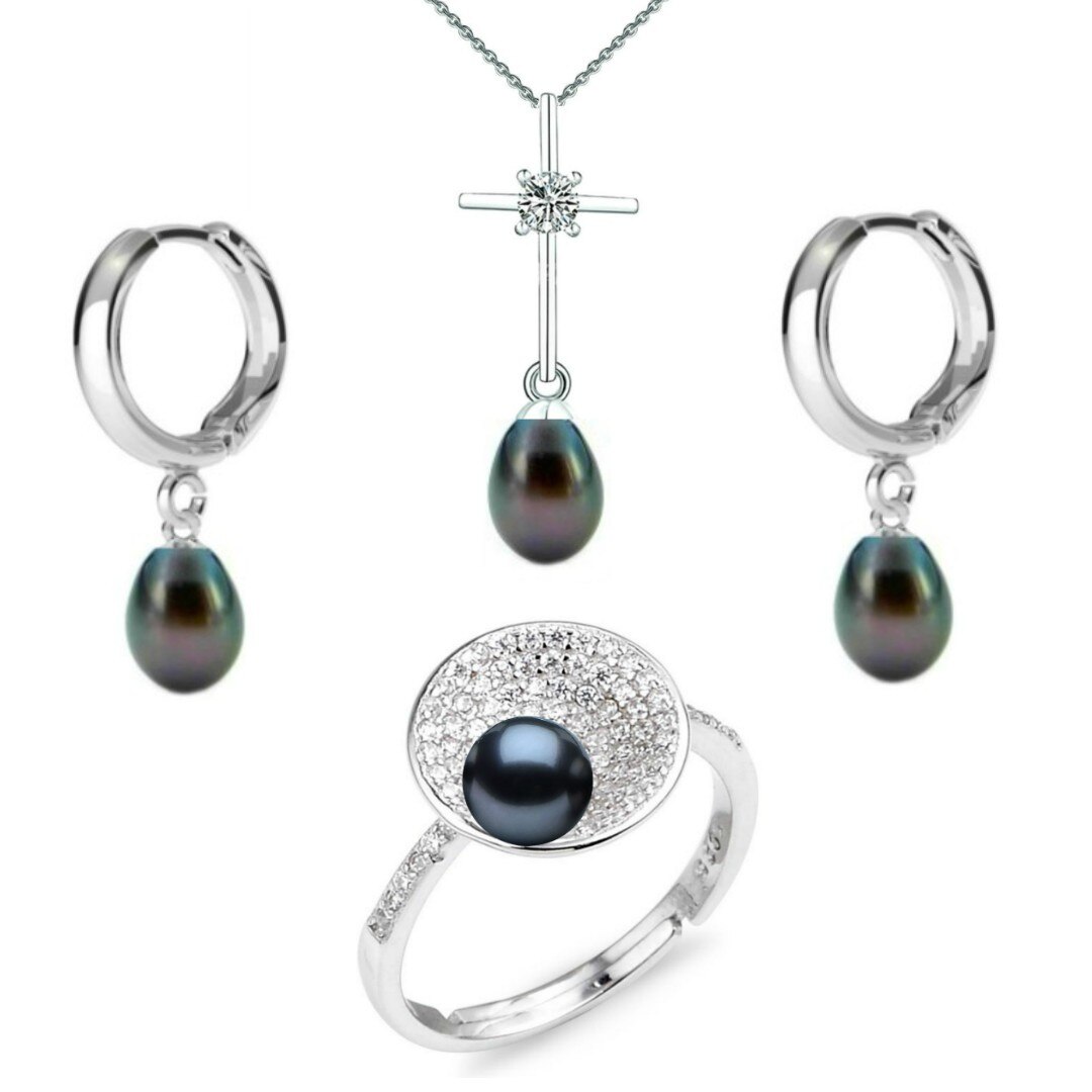 Set Argint, Inel Reglabil Unique, Crucifix si Creole cu Perle Naturale Negre