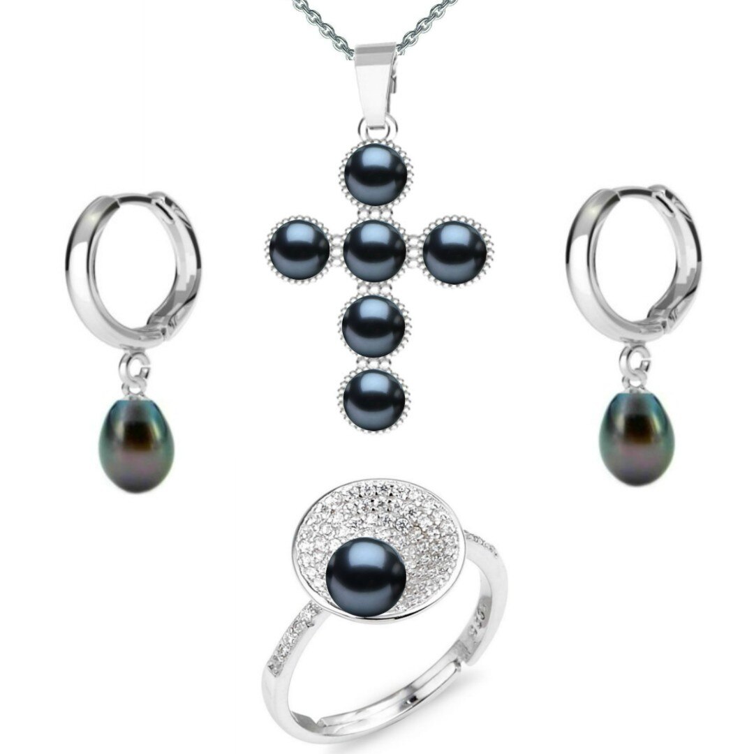 Set Argint, Inel Reglabil Unique, Crucifix Six Cross si Creole cu Perle Naturale Negre