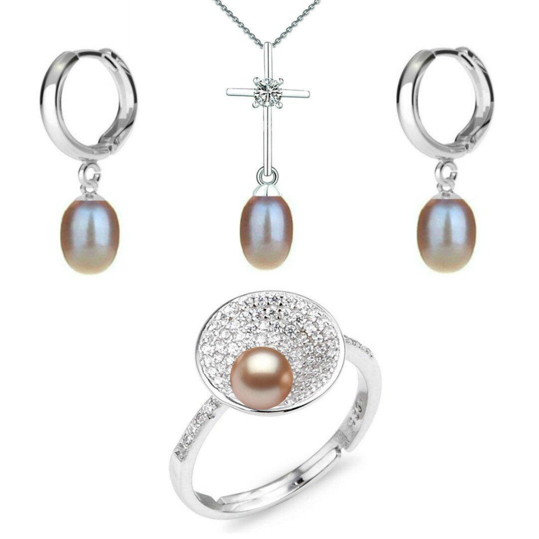 Set Argint, Inel Reglabil Unique, Crucifix si Creole cu Perle Naturale Lavanda