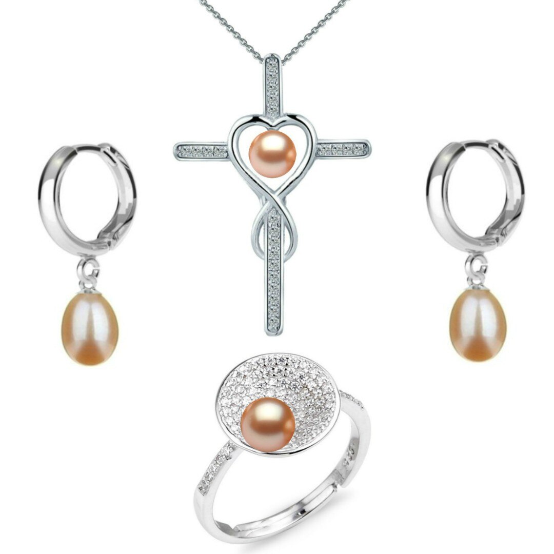 Set Argint, Inel Reglabil Unique, Crucifix Mare si Creole cu Perle Naturale Crem