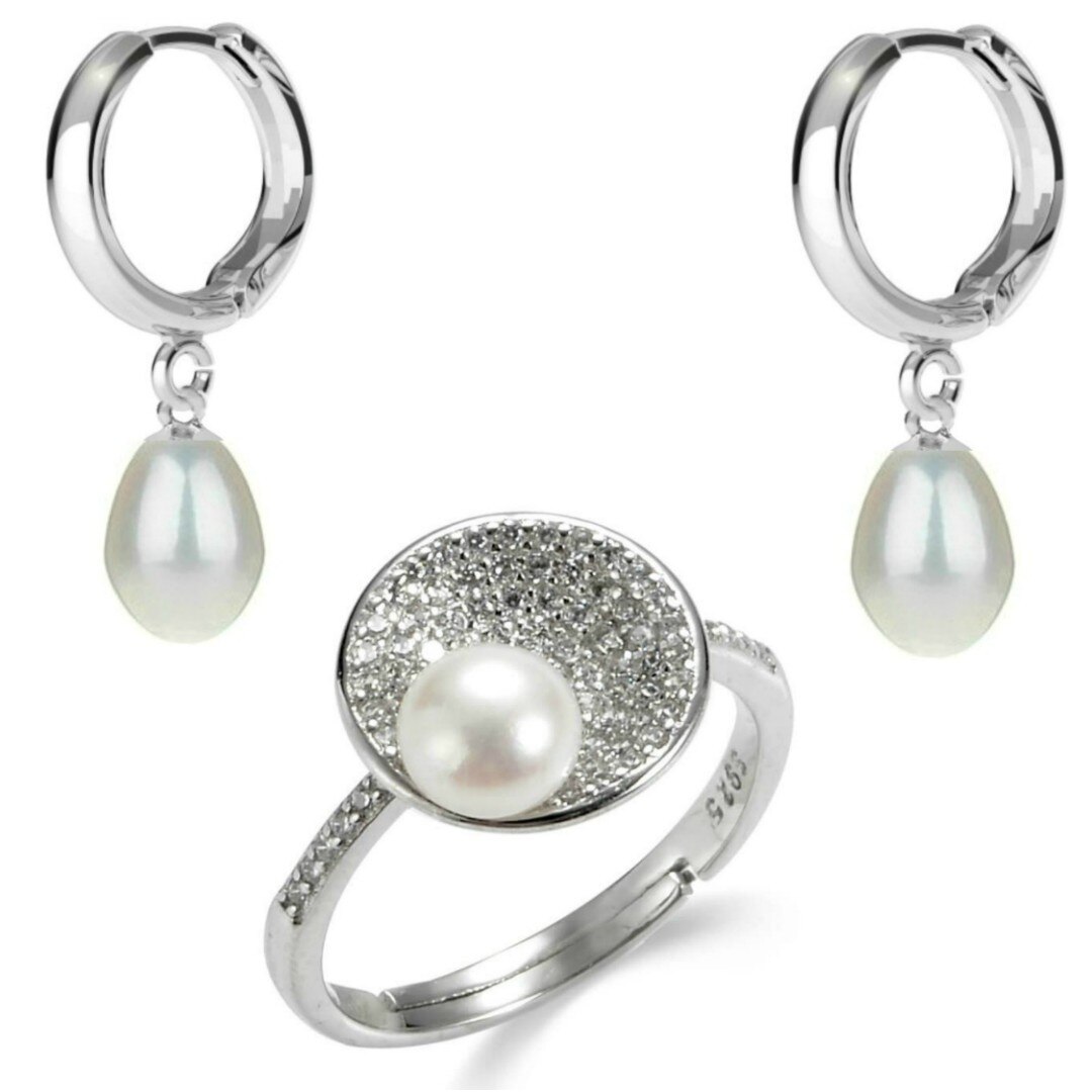 Set Argint, Inel Reglabil Unique cu Zirconii si Cercei Tip Creole cu Perle Naturale Albe