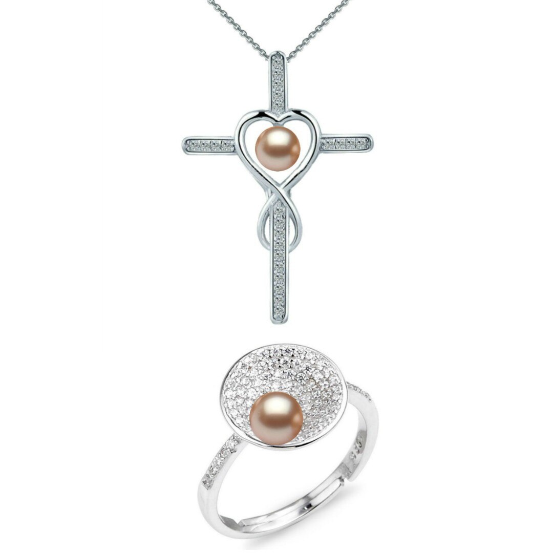 Set Argint, Inel Reglabil Unique si Crucifix cu Zirconii cu Perle Naturale Lavanda