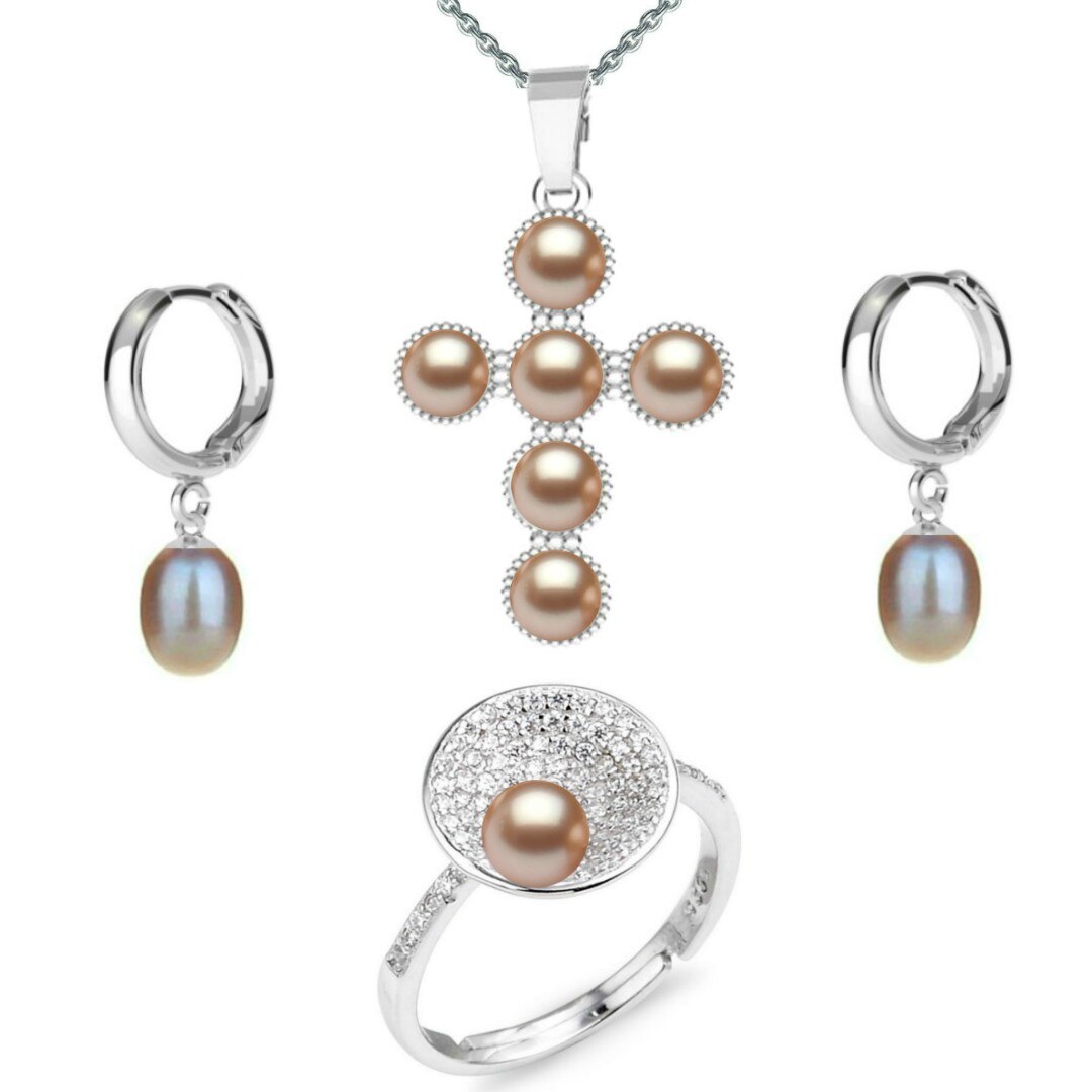 Set Argint, Inel Reglabil Unique, Crucifix Six Cross si Creole cu Perle Naturale Lavanda