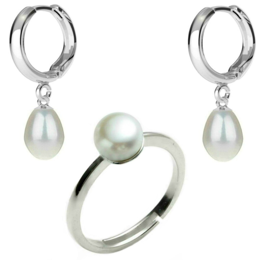 Set Argint, Inel Reglabil si Cercei Tip Creole cu Perle Naturale Albe