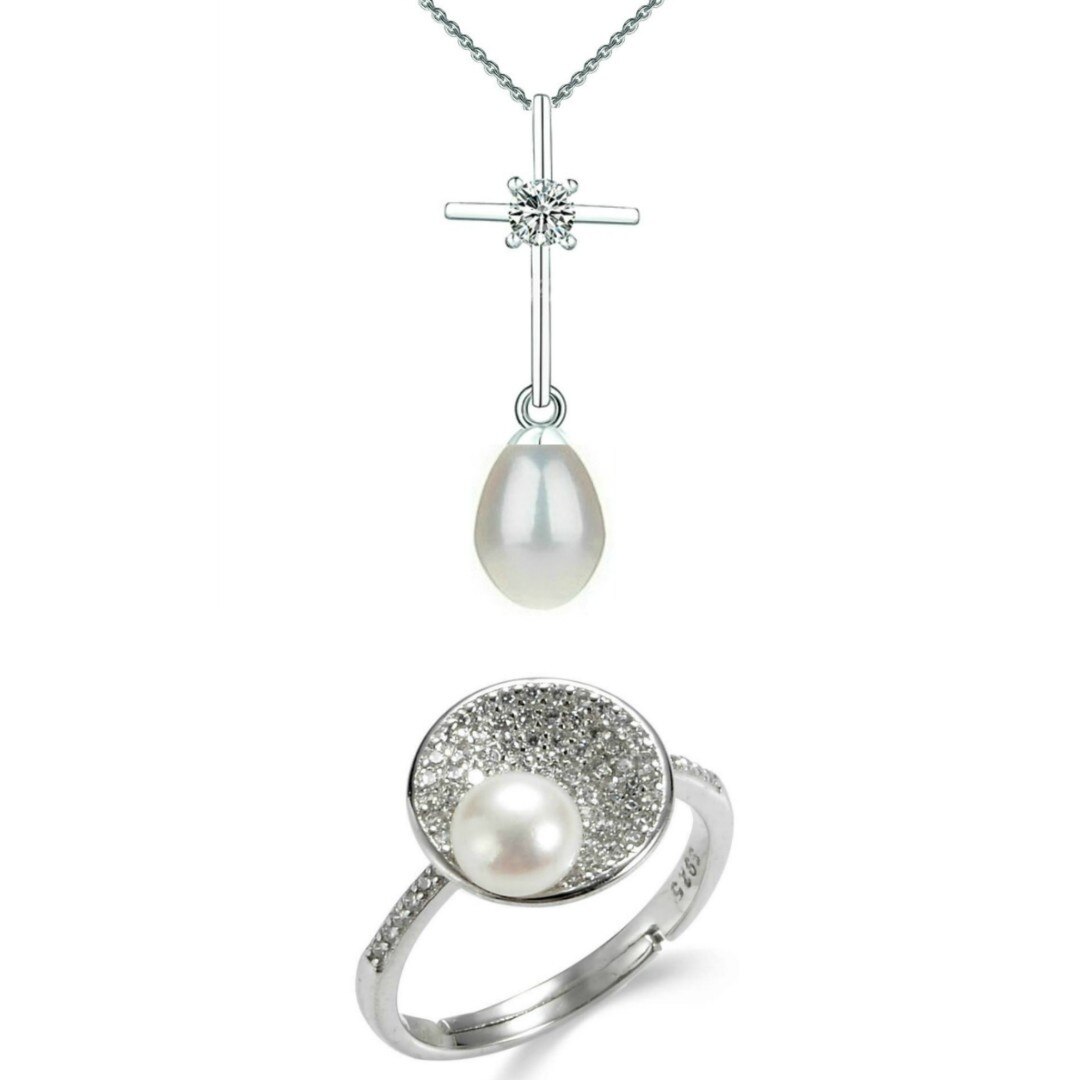 Set Argint, Inel Reglabil Unique si Crucifix Mic cu Zirconii si Perle Naturale Albe