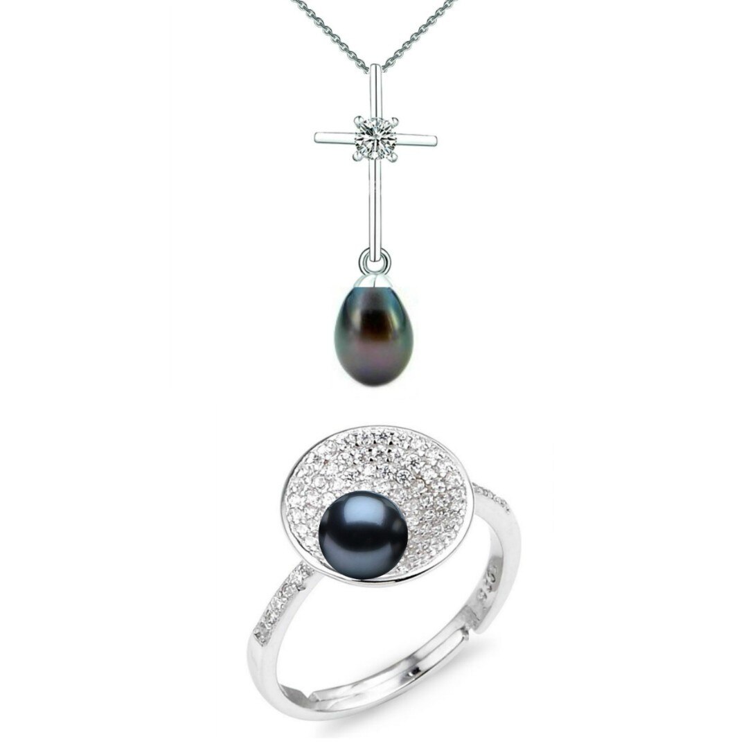 Set Argint, Inel Reglabil Unique si Crucifix Mic cu Zirconii si Perle Naturale Negre