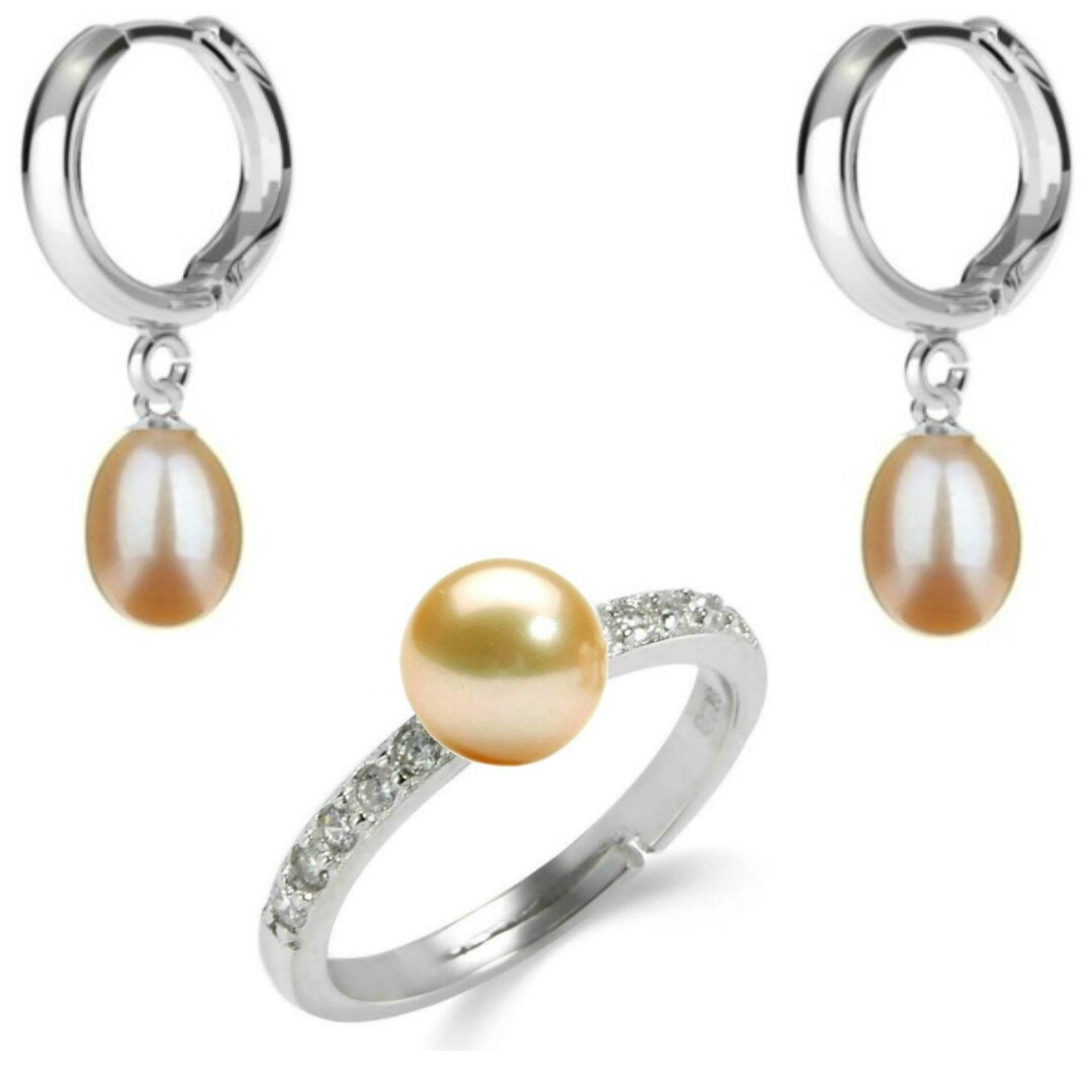 Set Argint, Inel Reglabil cu Zirconii si Cercei Tip Creole cu Perle Naturale Crem