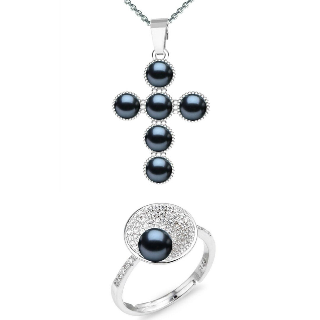 Set Argint, Inel Reglabil Unique si Crucifix cu Perle Naturale Negre