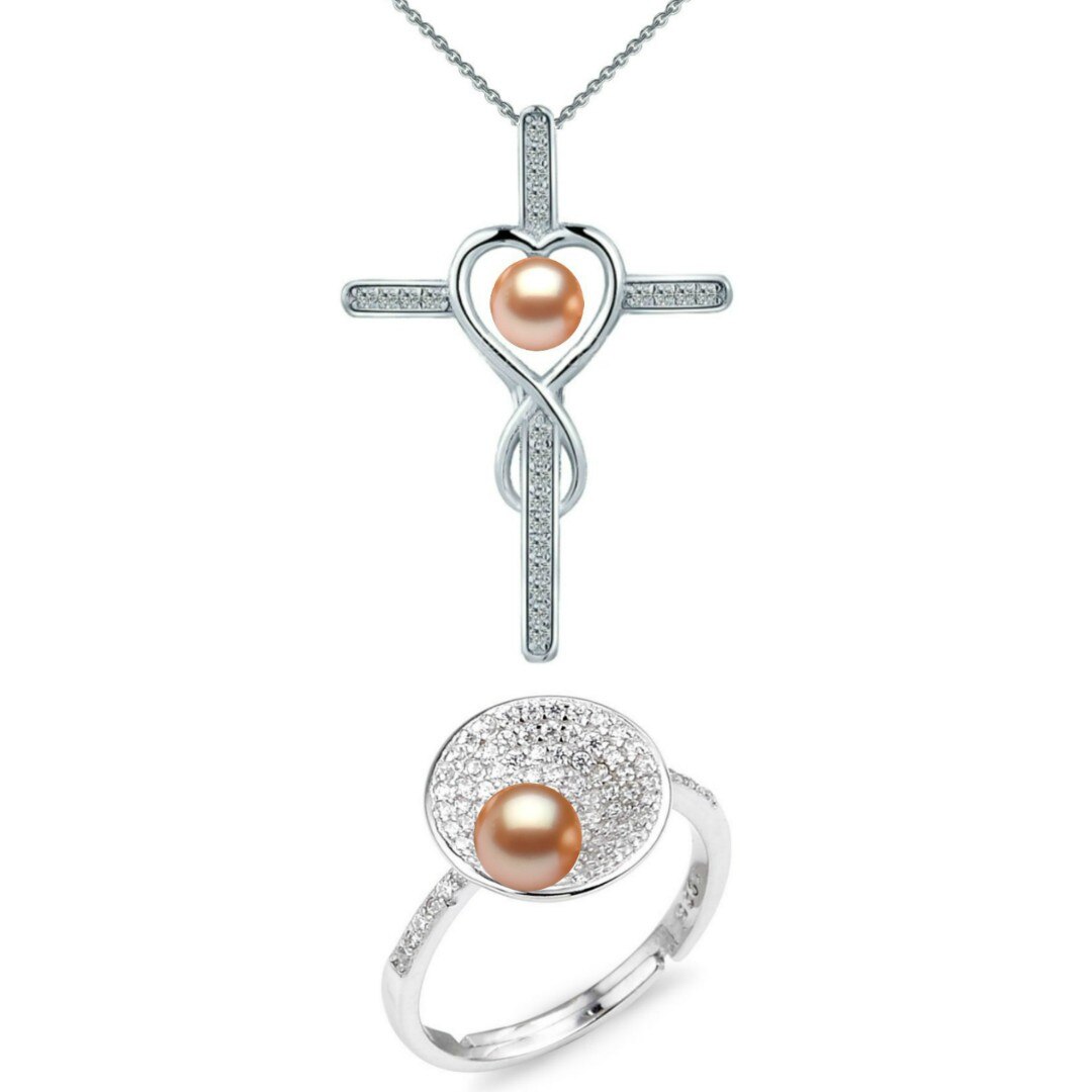Set Argint, Inel Reglabil Unique si Crucifix cu Zirconii cu Perle Naturale Crem