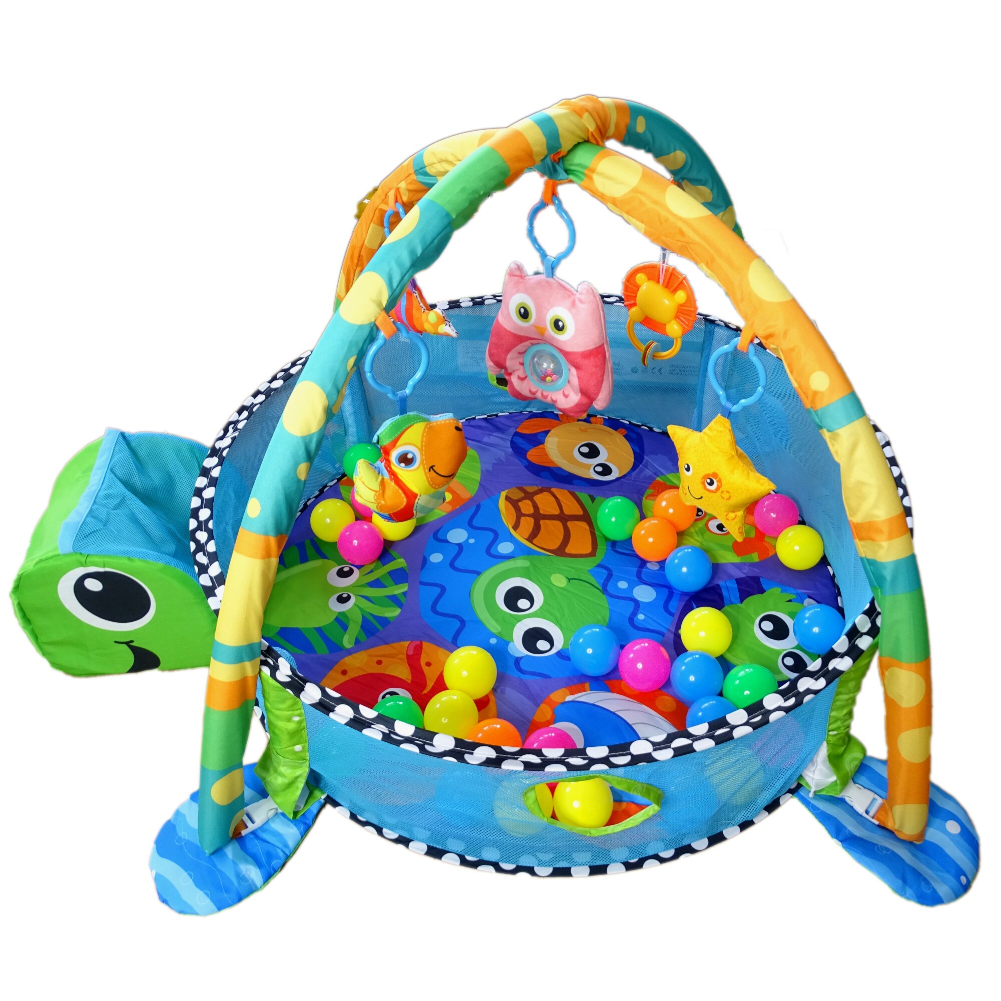 Salteluta de activitati Salamandra Kids si tarc de joaca cu 30 bile pentru bebelusi, broasca testoasa