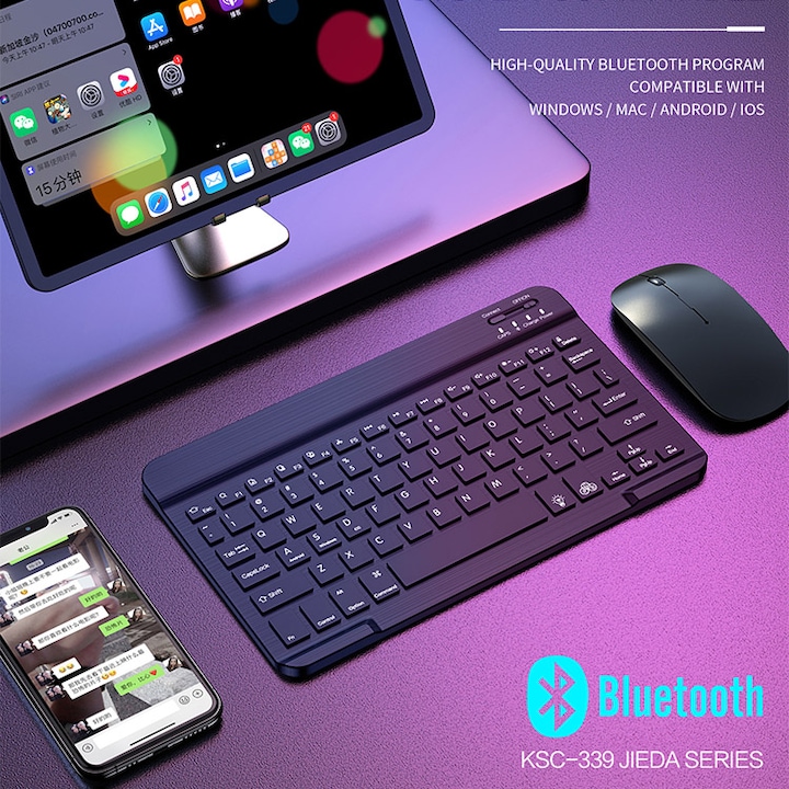 Bluetooth клавиатура iKaku, KSC-339, Windows, Mac, Android, iOS, с вградена батерия, черен