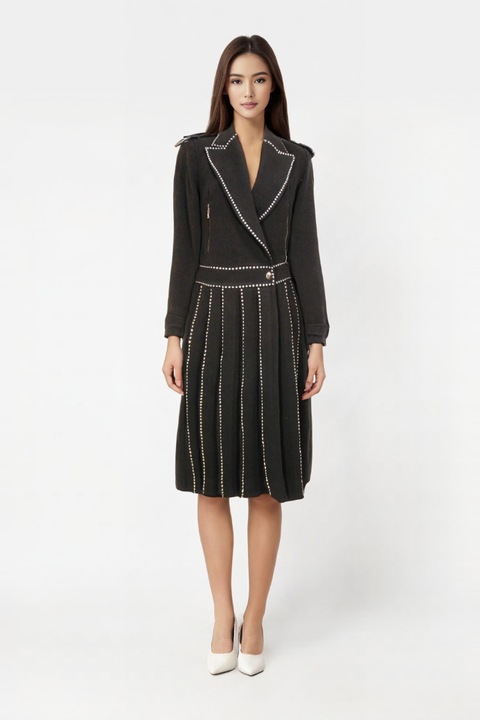 Palton oversize de dama din stofa neagra cu aplicatii metalice