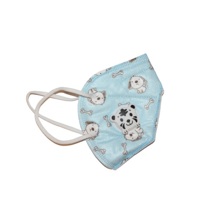 Masca faciala pentru copii cu 5 straturi si supapa, ambalata individual, model albastru cu catelusi