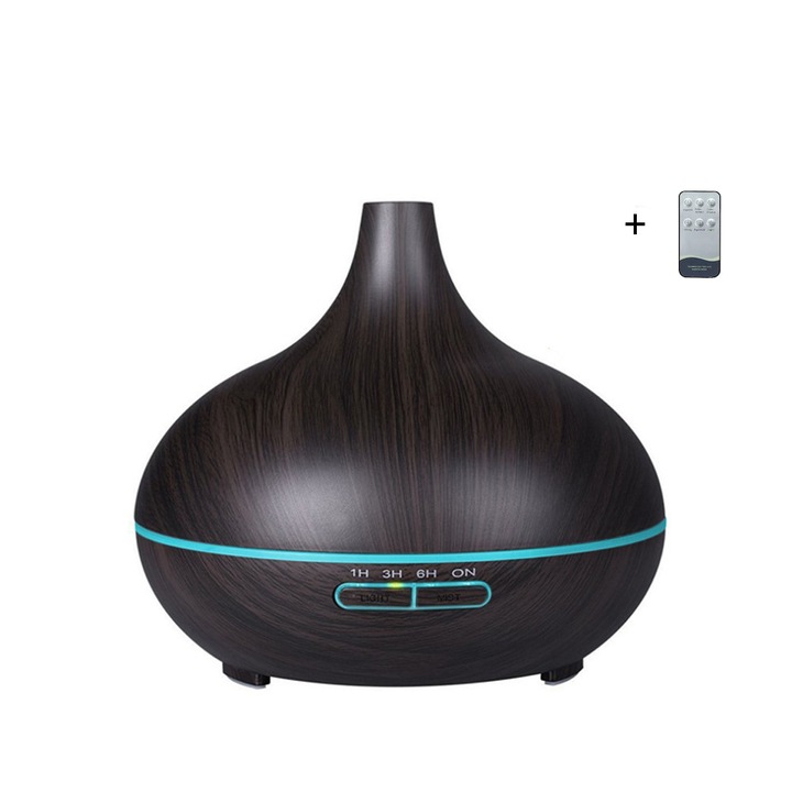 Légnedvesítő / Aromaterápiás diffúzor ultrahanggal, 300ml, 7 fényhatás, távirányítóval, wenge fával