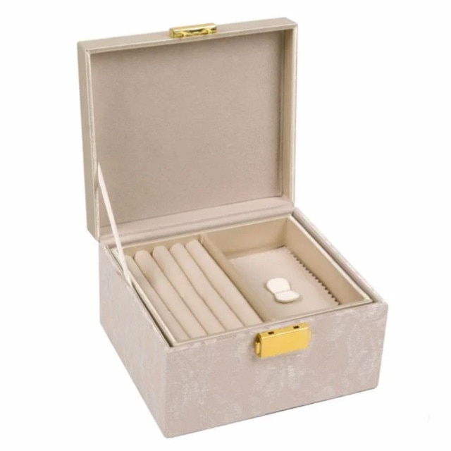 Caseta eleganta Pufo pentru organizare si depozitare bijuterii, crem cu model din dantela