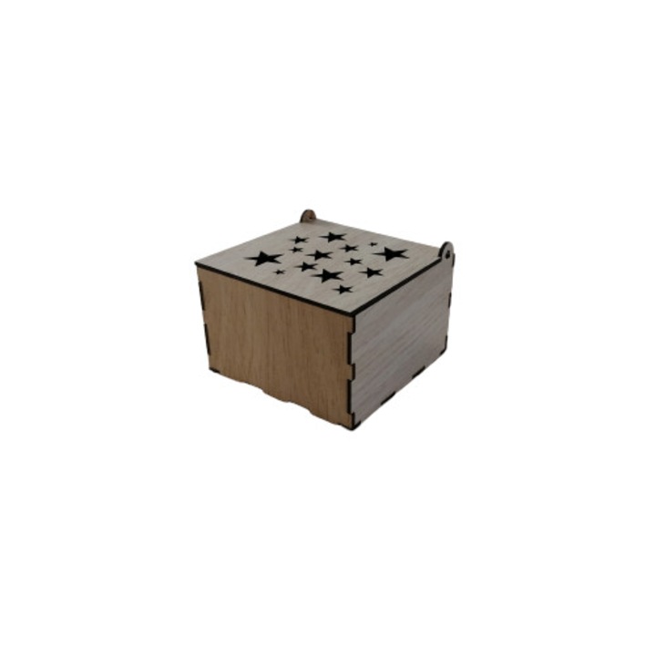 Cutie decupata stelute , 10,5x10,5x7 cm , lemn lacuit stejar