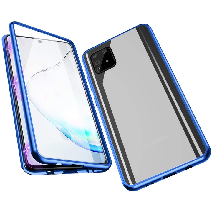 Mágneses, 360°-os tok, divatos tok Samsung S10 Lite készülékhez, elülső és hátsó üveg, 2 üveg, kék