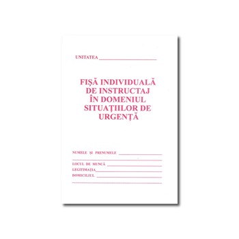 Fisa individuala de instructaj in domeniul situatiilor de urgenta PSI (carnetul rosu) + Test de verificare insusiri PSI , coperta grosa 170gr , format A5, 18pagini Fisa individuala de instructaj in domeniul situatiilor de urgenta PSI (carnetul rosu) + Test de verificare insusiri PSI , coperta grosa 170gr , format A5, 18pagini