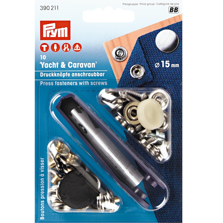 Set capse pentru barci, tapiterie, 15 mm cu dispozitiv de montare, Prym