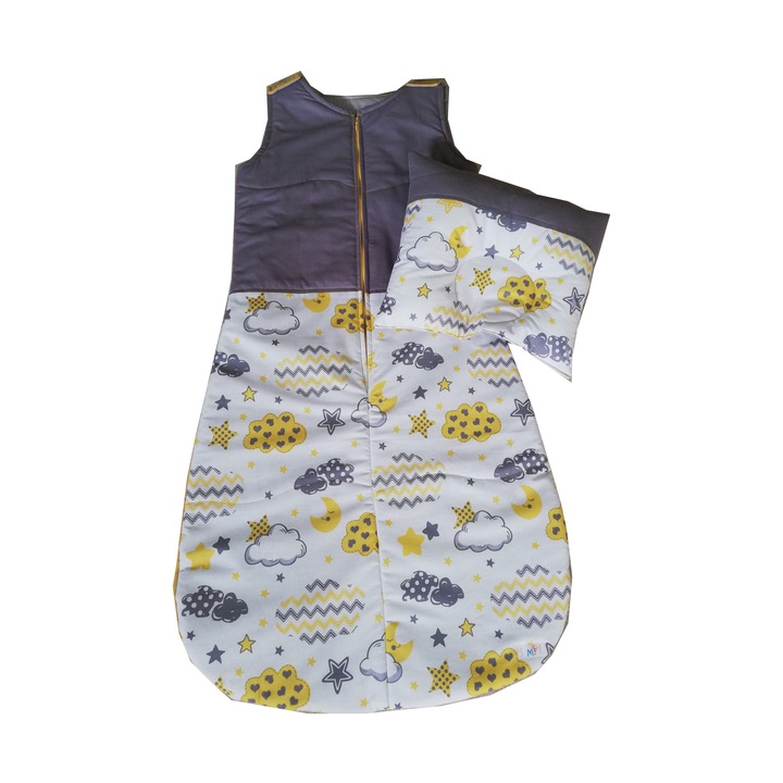 Sac de dormit si pernuta, galben/gri, 80 cm, 6-18 luni, 2 piese