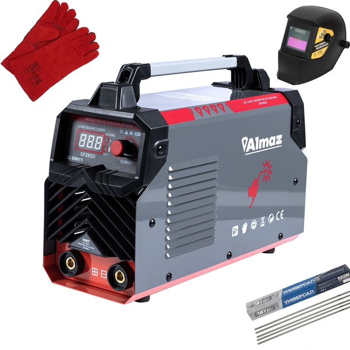Aparat de sudura 4 accesorii, afisaj electronic tip MMA,285A,masca de sudura automata cu 3 reglaje,maner transport,electrozi,palmari,cabluri sudura incluse,Tehnologie IGBT,1,6-5mm