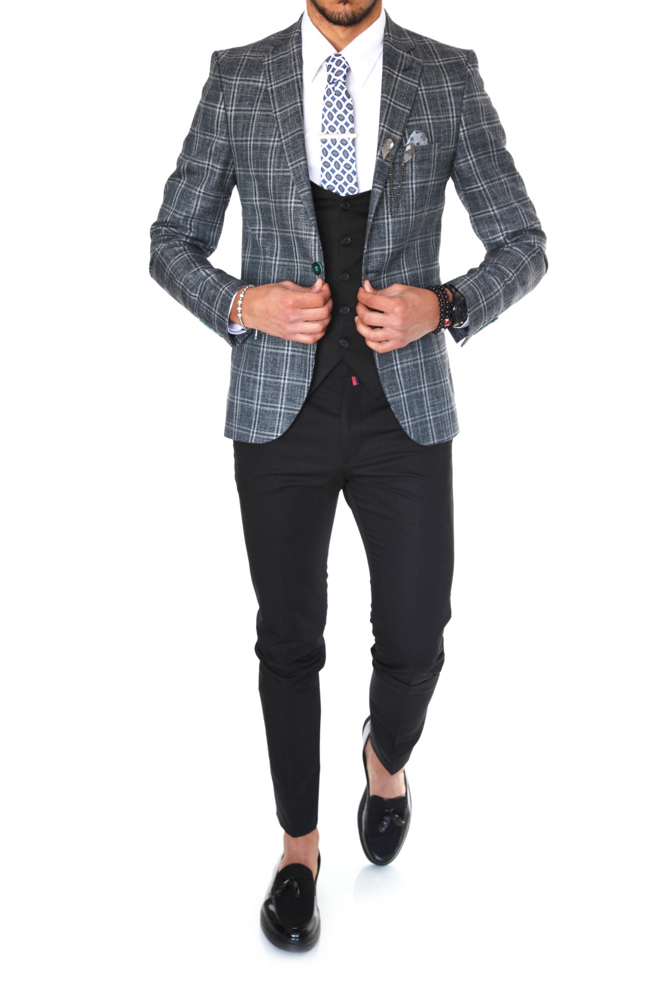 Sacou pentru barbati, elegant, slim fit, in carouri, albastru, B1485, Verde