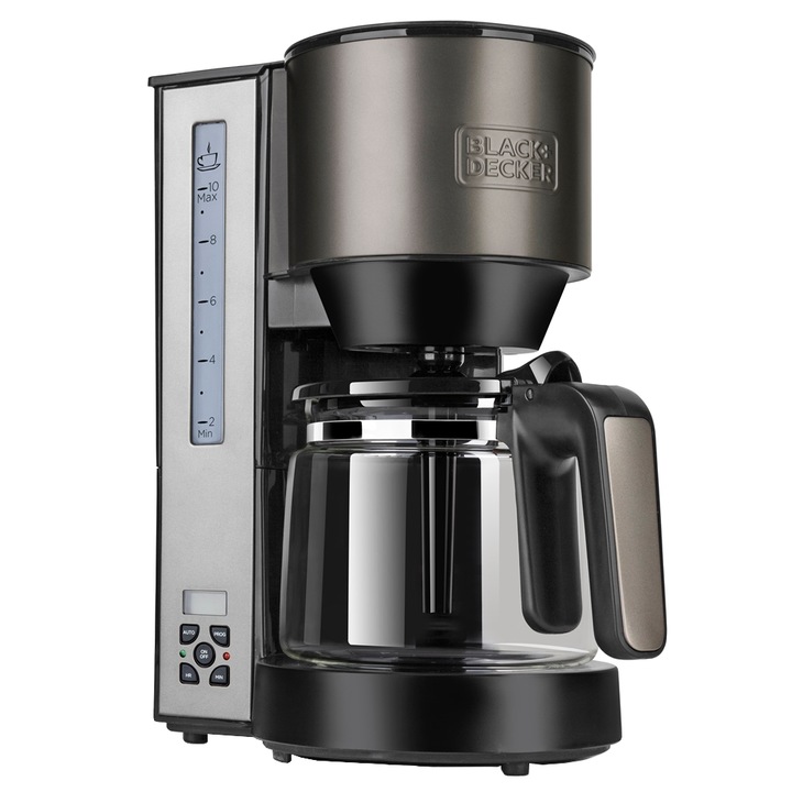 Кафемашина Black&Decker BXCO1000E, 1000W, 12 чаши кафе, Програмируема, 1.25 л, Черен/Инокс