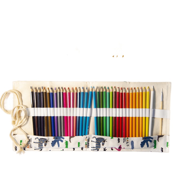 Set de 36 de creioane colorate acuarelabile in penar Roll-up din panza, Pagalou Toys, Jungle Animals, + 3 ani