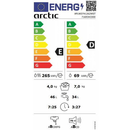 Masina de spalat rufe cu uscator Arctic APLWD741262WST, Spalare 7 kg, Uscare 4 kg, 1200 rpm, Clasa D, Motor Silent Inverter, HomeWhiz, Conectare Bluetooth, ExtraSteam, Downloaded Program, Alb