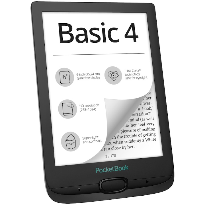 PocketBook Basic 4 e-Book olvasó, 6" E Ink Carta™, 8GB + slot microSD, Fekete