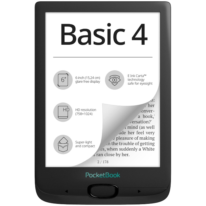 PocketBook Basic 4 e-Book olvasó, 6" E Ink Carta™, 8GB + slot microSD, Fekete