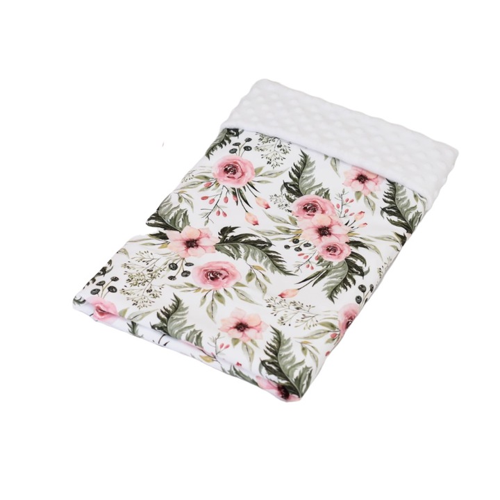 Paturica clasic, model trandafiri si plus minky alb 100x140 cm