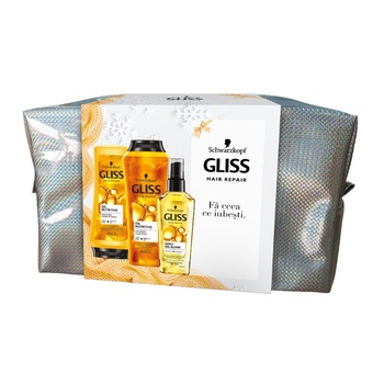 Set cadou: Sampon Gliss Oil Nutritive + Balsam Gliss Oil Nutritive + Ulei de par Gliss daily oil elxir, 75 ml Set cadou: Sampon Gliss Oil Nutritive + Balsam Gliss Oil Nutritive + Ulei de par Gliss daily oil elxir, 75 ml