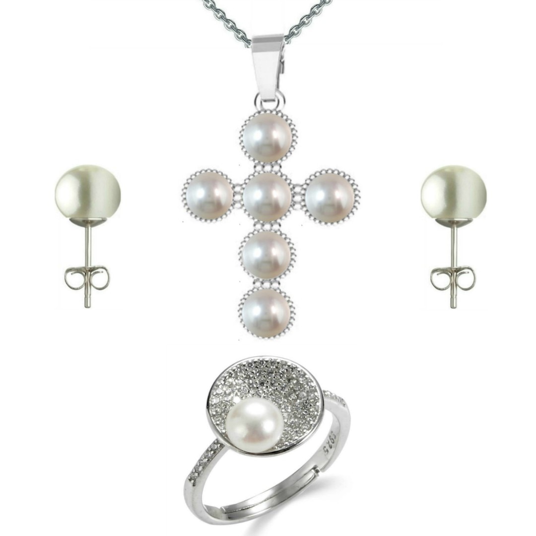 Set Argint, Inel Reglabil Unique, Crucifix Six Cross si Cercei cu Perle Naturale Albe