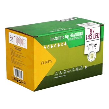 Instalatie de Craciun Flippy® Tip Franjuri, 8 jocuri de lumini cu transformator, 40 m, 1144 LED-uri, Interconectabila, Fir Transparent, Alb Cald Instalatie de Craciun Flippy® Tip Franjuri, 8 jocuri de lumini cu transformator, 40 m, 1144 LED-uri, Interconectabila, Fir Transparent, Alb Cald