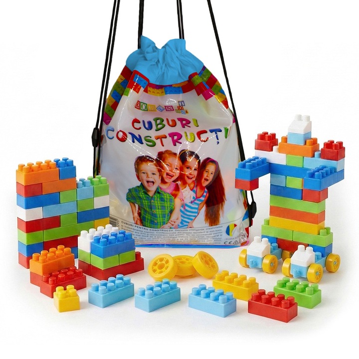 Set Cuburi de Constructie Robentoys, 320 piese, in Rucsac, Plastic Rezistent, Multicolor, Joc Educativ si Creativ pentru Copii, +3 ani
