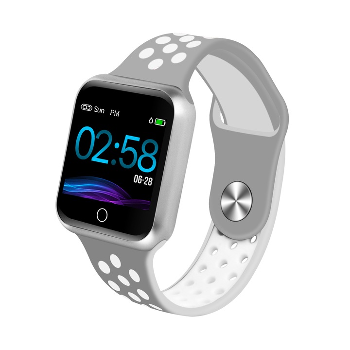 Ceas Smartwatch si Bratara Inteligenta M98 Color HD display, Notificari Apeluri/SMS/Whatsapp/Facebook, IP67, Monitorizare puls si bataile inimii, Pedometru, Monitorizare somn si calorii, gri cu alb