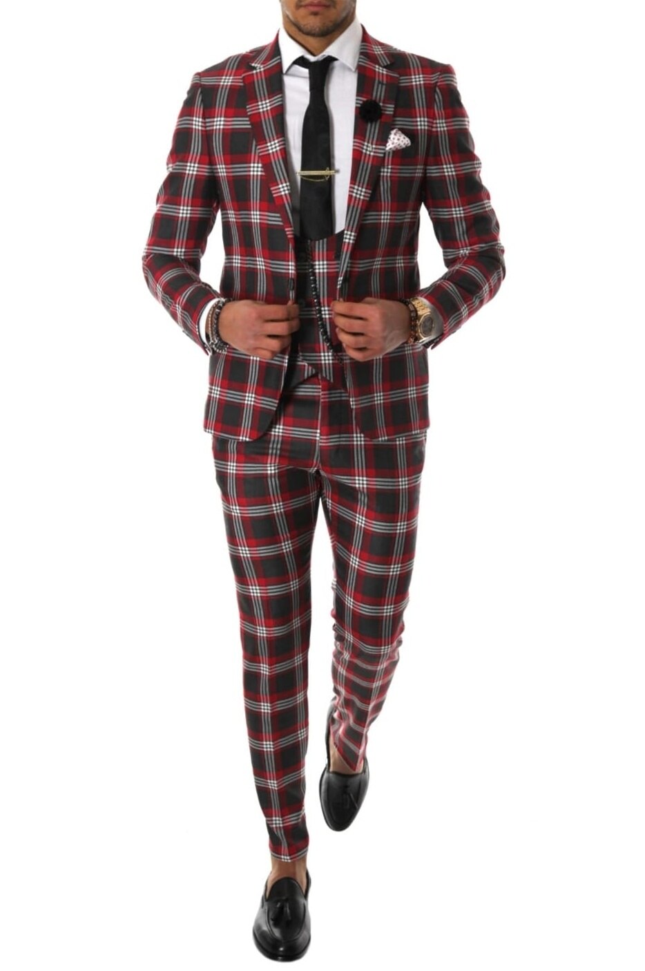 Costum pentru barbati, elegant, slim fit, vesta, pantaloni, rosu in carouri, A7808